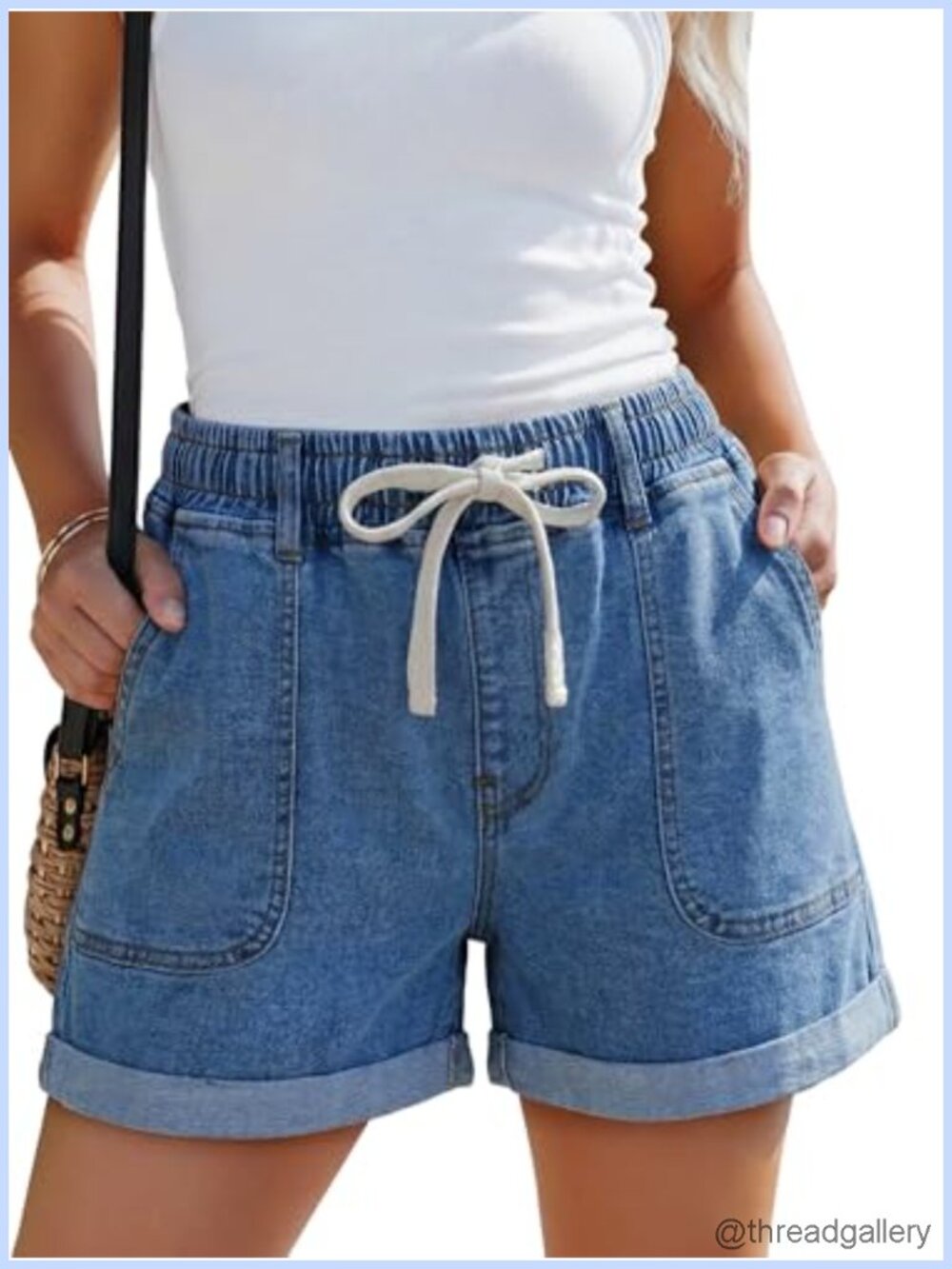 High Waisted Drawstring Elastic Waist Denim Shorts with Pockets